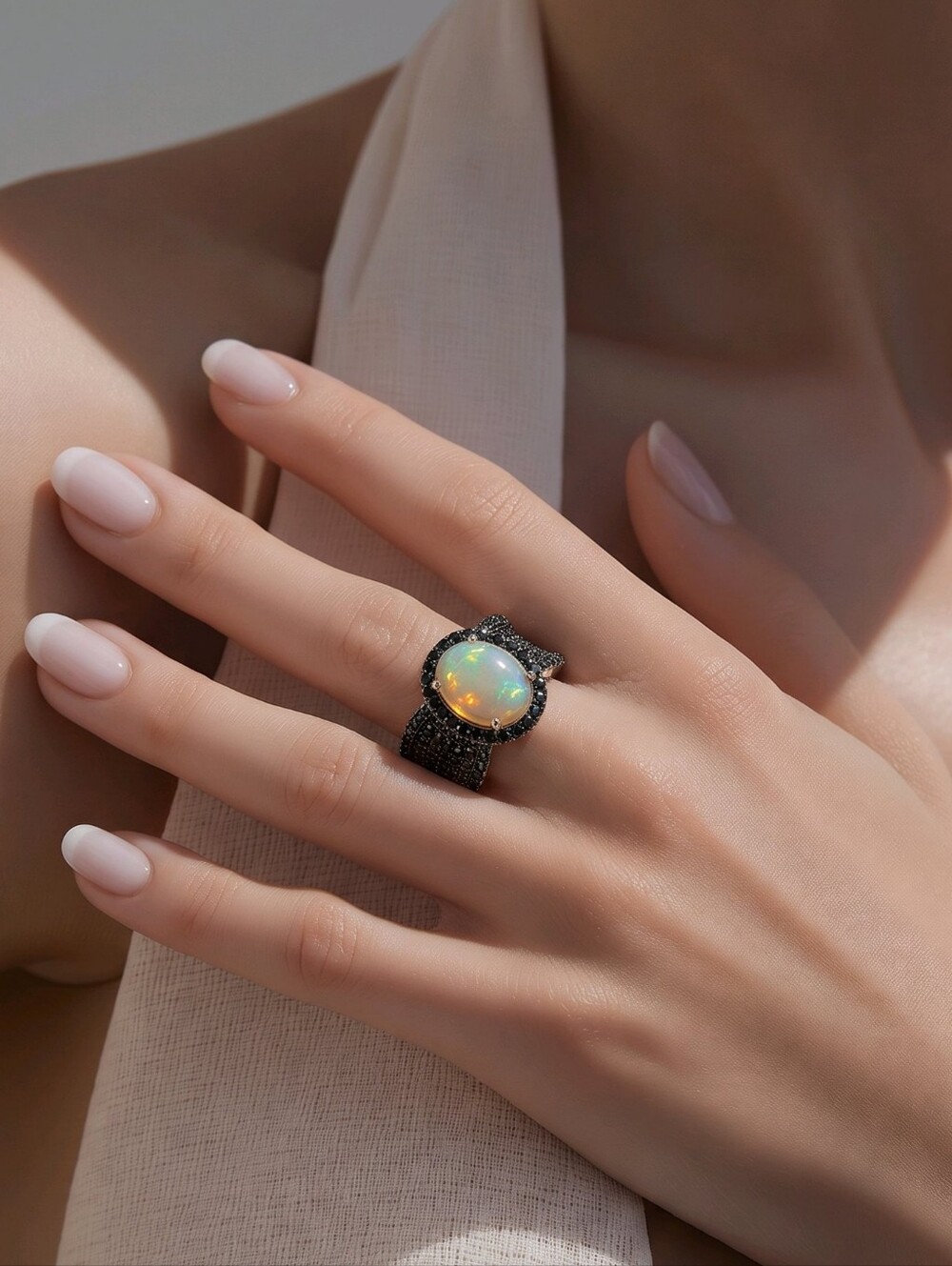Artisan Black Spinel Ethiopian Opal Ring Halo Rhodium Sterling Statement Sz 5